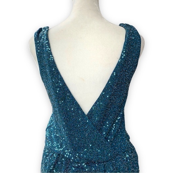 𝅺EXPRESS Teal Sequin Low Surplice Back Cocktail Mini Dress - Picture 7 of 14